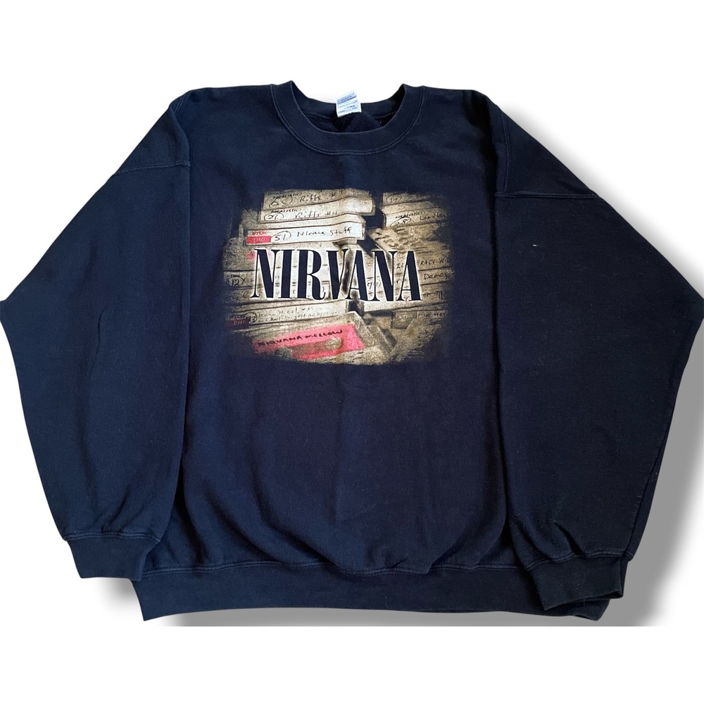 Vtg Nirvana Cassette Tape Graphic Sweatshirt Mens 2XL Black Gildan Heavy Y2K‎